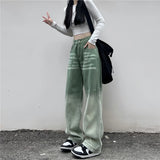 Vevesc Contrasting Green Pants High Waist Straight Wide Leg Baggy Jeans Harajuku Fashion Vintage Y2k Streetwear Women Casual Trousers