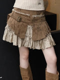 Vevesc Vintage Heavy Fake Two Piece Skirt for Women Early Autumn New Ruched A-line Skirts Y2k E-Girl High Waist Faldas Mujer