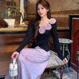 Vevesc Elegant Vintage Rose Long Sleeved Knitted Sweater+ Y2k High Waist Fashion Skirt for Women Autum New Two Piece Sets