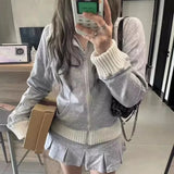 Vevesc American Patchwork Lapel Neck Knitted Cardigan Jacket+ Y2k High Waist All-match Ruched Skirts Autumn New Two Piece Sets