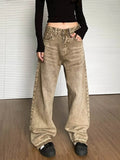 Vevesc Brown Women Jeans High Waist Fashion American Vintage Streetwear Y2K Wide Leg Jean Female Denim Trouser Baggy Denim Pants