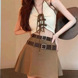Vevesc Skirt Sets Koean Halter Sexy Y2k Bandage Short Tops High Waist Slim Elegant Faldas Set of Two Fashion Pieces for Women New