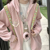 Vevesc Fashion Sweet Strawberry Cake Embroidery Jackets Summer Long Sleeve Zipper Hoodie Tops Y2k Kpop Pink Plaid Heart Coat Women