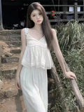 Vevesc  Fashion Elegant Matching Sets Sleeveless Ruffles Patchwork Tanks+high Waist Straight Pants Solid Color Summer Women's Clothing