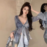 Vevesc 2024 New Blue Ruffles Shirts Women Elegant V-neck Tie Dye Chiffon Blusas Mujer Y2k E-Girl Slim Fit Long Sleeve Blouses