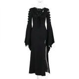 Vevesc Gothic Black Witch Dress Women Cosplay Vintage Streetwear Hollow Out Flare Sleeve High Waist V-neck Midi Dress Clubwear