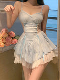 Vevesc Summer Bule Lace Y2k Kawaii Dress Women Korean Style Sexy Party Mini Dress Female Lace France Korean Fashion Elegant Dress