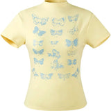 Vevesc Korean Streetwear Vintage Butterfly Print T-Shirts Summer Cotton Tops Slim Harajuku Half High Collar Tshirts Y2k Women Tees