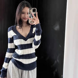 Vevesc  American Retro Striped V-neck Long-sleeved Sweater Fashion High Street Long Sleeve Sweater Harajuku Hip Hop Long Sleeve Sweater