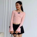 Vevesc Y2k Aesthetic Solid Slim Women Sweet T-shirt Vintage Flare Sleeve Streetwear Grunge Tshirts Harajuku Autumn Bow Tees Femme