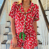 Vevesc Cute Christmas Pajamas Bow Candy Cane Print Pj Set Short Sleeve Button Down Xmas Knotted Shorts Pjs Women 2 Piece Set Sleepwear