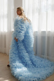 Vevesc Amazing Light Blue Layered Tulle Long Jacekt Puff Sleeves Ruffles Trimmed Women Jacket Maxi Gowns Bridal Cape Outwear Coat