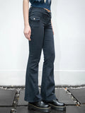 Vevesc  Vintage Solid Low Rise Flare Pants Autumn Casual Black Cotton Slim Pockets Jeans Women Y2k Streetwear Retro Denim Trousers Chic