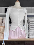 Vevesc  White Lace Trim Long Sleeve T-shirt Woman Spring Scoop Neck Single Breasted Cotton Tee Tops Sweet Cute Preppy Style Tshirt Y2k