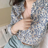 Vevesc Vintage Floral Shirts Women Oversized Print Blouses Summer Harajuku Korean Long Sleeve Single Breasted Loose Casual Tops