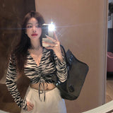 Vevesc Y2K Zebra Striped T Shirts Women Sexy Lace Up V Neck Slim Crop Tops Streetwear Club Long Sleeve Casual Tops Pullover Tees