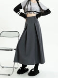 Vevesc Vintage Grey Pleated Long Skirt Women Spring Summer College Style High Waist A-line Midi Skirt Korean Style Clothes