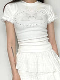 Vevesc Y2k Aesthetics Cartoon T-shirt Kawaii Cute Lace Patchwork Fairy Grunge Slim Fit Tshirt Fairycore Harajuku Floral Printing Tops