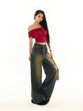 Vevesc American Vintage Washed Blue High Waisted Jeans Fashion Street Loose Wide Leg Pants Harajuku Style Hip-hop Hot Girl Y2k Trousers