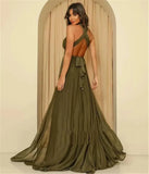 Vevesc Charming Olive Green A-Line Evening Dress 2024 Sexy High Neck Sleeveless Backless Silt Women Prom Formal Gowns Vestidos De Feast