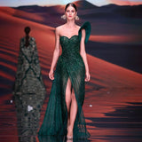 Vevesc Green Mermaid High Split Elegant One Shoulder Beaded Evening Dresses Gowns For Women Wedding
