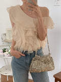 Vevesc S-M Apricot Blouses Ruffles Daily Summer Gentle Skew Collar Tank Tops Slim New Elegant Office Lady Chic Solid