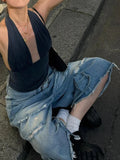 Vevesc Harajuku Vintage High Waist Black Retro Washed Denim Shorts Women's Fashion Casual Loose Fit Y2K Streetwear Mid Long Short