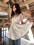 Vevesc  Japanese Y2k White Mini Dress Women Sweet Cute Bandage Ruffle Dresses Aesthetic Summer Sleeveless Elegant Girls Dress