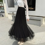 Vevesc  Spring Summer Women Skirts Solid Ruffles Mesh Korean Fashion Sweet Faldas Mujer A-line High Waist Chic Long Skirt