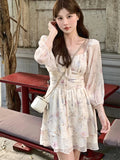 Vevesc Floral Print Dress Women Ruffled Korean Fashion Party Mini Dress Female Strappy Vintage Princess kawaii Dress Summer New