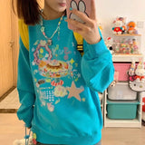 Vevesc Japan Harajuku O Neck Long Sleeve Sweatshirts Cute Cartoon Print Punk Casual Girl Hoodies Y2k Aesthetic American Clothing