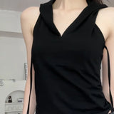 Vevesc Sexy Backless Lace Up Halter Hoodie Vest for Women Summer New Black Tank Top Y2k E-Girl Slim Fit Sleeveless Tops Mujer