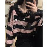 Vevesc Short Length Striped Black Pink Sweaters Women V-Neck Y2k Knitted Loose Crop Tops Pullovers Long Sleeve High Waist Sueter Mujer