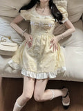 Vevesc Cute Kawaii Fairy Mini Yellow Dress Women Japanese Y2k Ruffles Puff Sleeve Tunic School Dresses Sweet Lolita Vestidos