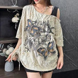 Vevesc Sweet Fairy Bow Embroidery American Vintage Print Clothes Y2k Aesthetic Loose Summer All Match Off The Shoulder Top Gothic Shirt