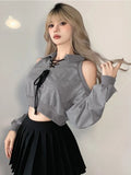 Vevesc Y2K Vintage Gray Cropped Hoodies Women Harajuku Sexy Off Shoulder Sweatshirts Korean Loose Casual Chic Tops Gothic Kpop