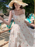 Print Sleeveless Backless Ruffles Slip Women Clothing Fashion Elegant Floral Sweet Irregular Fairy Dress Holiday Beach Dresses