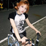 Vevesc Korean Summer Grunge Tie Dye Harajuku Tops Women Y2k Contrast Casual Slim Fit Crop Tee Streetwear Vintage Fairy T-shirts