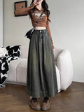 Vevesc Women Denim Skirt Y2k Emo 2000s Clothes Long Skirt Harajuku Korean 90s Fashion Vintage Gradient A-line Jean Skirt Grunge Clothes