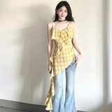 Vevesc Streetwear Irregular Ruffled Women Backless Camisole Harajuku Vintage Plaid Tanks Summer Grunge Sexy Y2k Aesthetic Tops