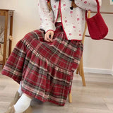 Vevesc Kawaii Vintage Plaid Long Skirt Women Japanese Style Autumn Winter Midi Skirts Red Ruffle Fashion Casual A-line Skirts