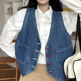Vevesc Vintage Denim Vests Women Streetwear Jeans Waistcoats Korean Harajuku Preppy Sleeveless Crop Tanks Casual Outwear Tops New