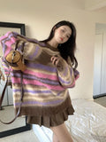 Vevesc Vintage Rainbow Striped Sweater Women Y2K Korean Style Oversize Pullover Knitted Tops Jerseys Egirl Kpop Casual Jumper