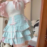 Vevesc Fairy Japanese Sweet Popular High Waist Cake Skirts Spliced Constrast Color Lace Up Design Clothes Y2k Aesthetic Girl Skirt