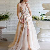 Vevesc Champagne Tulle Sleeveless Sweetheart 3D Flower Decal Beaded Pearl A-line Side Split Evening Dresses Annual  Prom Dresses