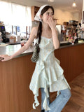 Vevesc  Design Fashion Tank Dresses Irregular Tassel Ruffles Patchwork Sleeveless Plaid Dress French Sweet Aesthetics Women's Clothing