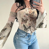 Vevesc Butterfly Printed Slash Neck Strapless T-shirts 2024 Summer New Slim Fit Tee Shirt Y2k Long Lseeve Mesh Tops Women