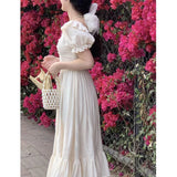 Vevesc Elegant Square Collar White Dress Summer Fashion Puff Sleeve Ruffle Dress for Women 2024 Chic Vintage Maxi Dresses 2024  New