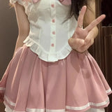 Vevesc Sweet Rabbit Ear Sailor Collar Puff Sleeve Shirts Women+ Y2k Slim Waist Ruched Pink Skirts Summer Oversize Two Piece Sets