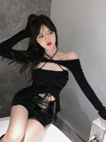 Vevesc Streetwear Sexy Tshirts Women Solid Slim Fit Backless Crop Tops Y2k Korean Fashion Two Piece Set Aesthetic Kpop Clothes